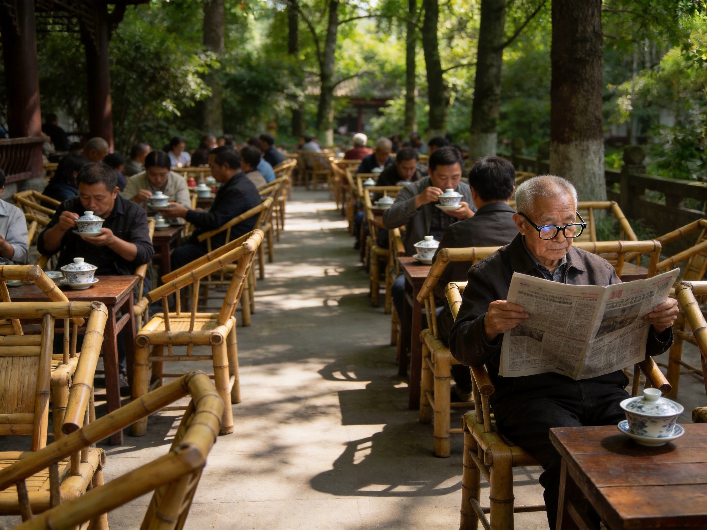 Locals sipping covered-bowl tea at Heming Teahouse in People's Park