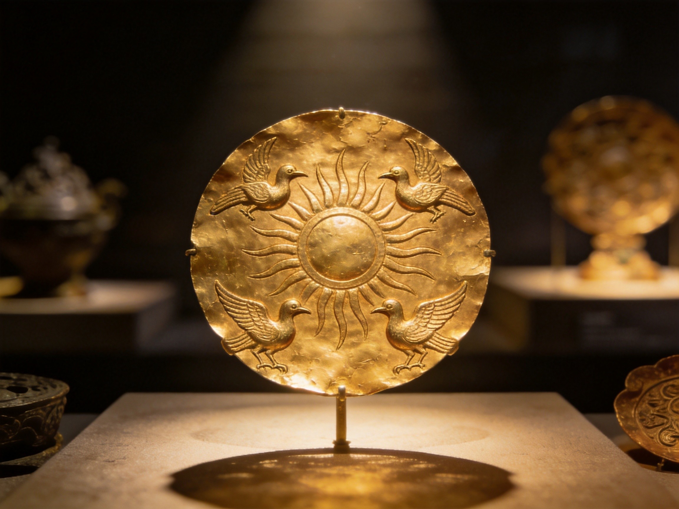The gold Sun and Immortal Birds ornament, Chengdu's city emblem, at Jinsha Site Museum