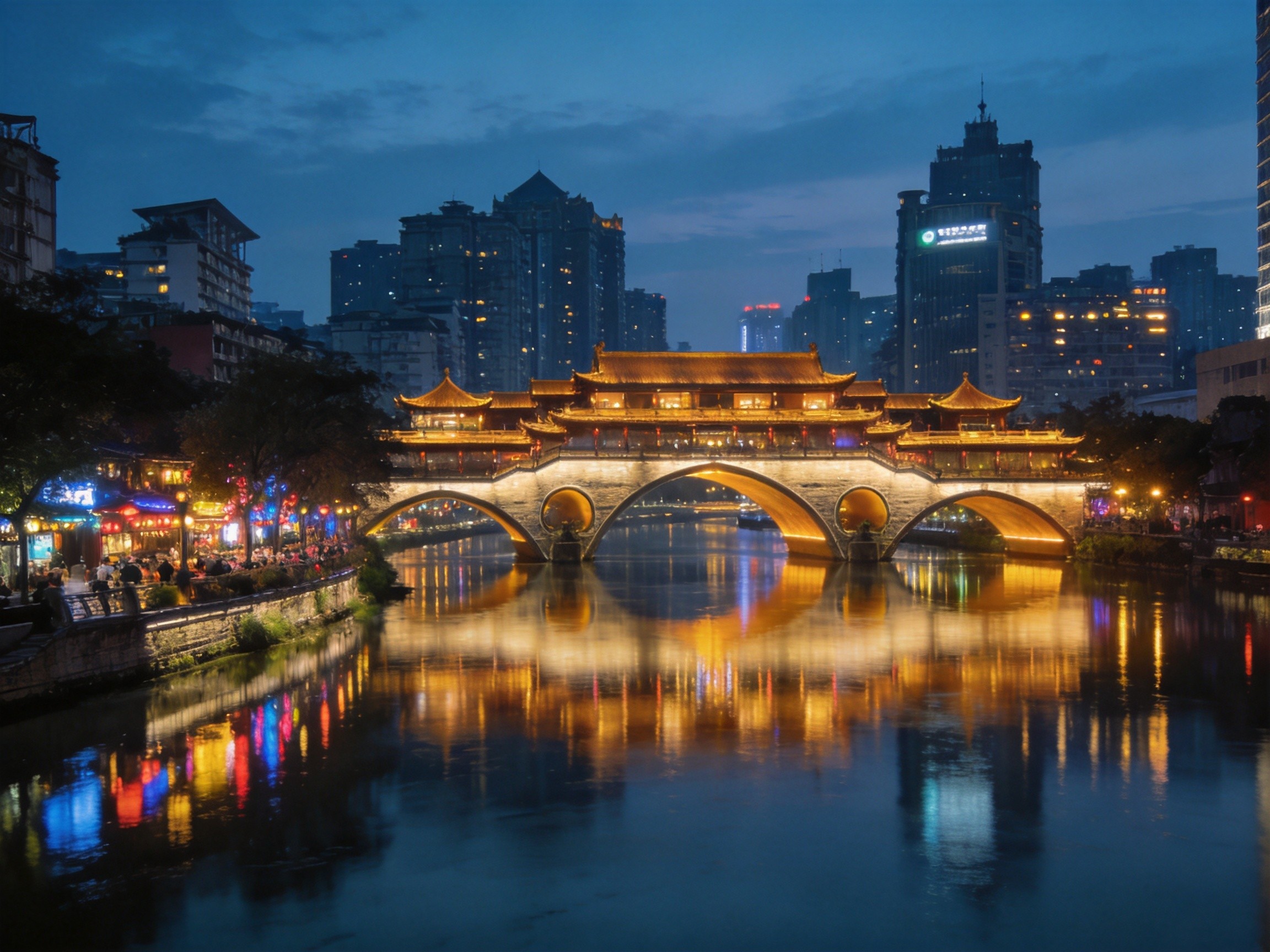 The illuminated Anshun Bridge over the Jin River at Jiuyanqiao, Chengdu