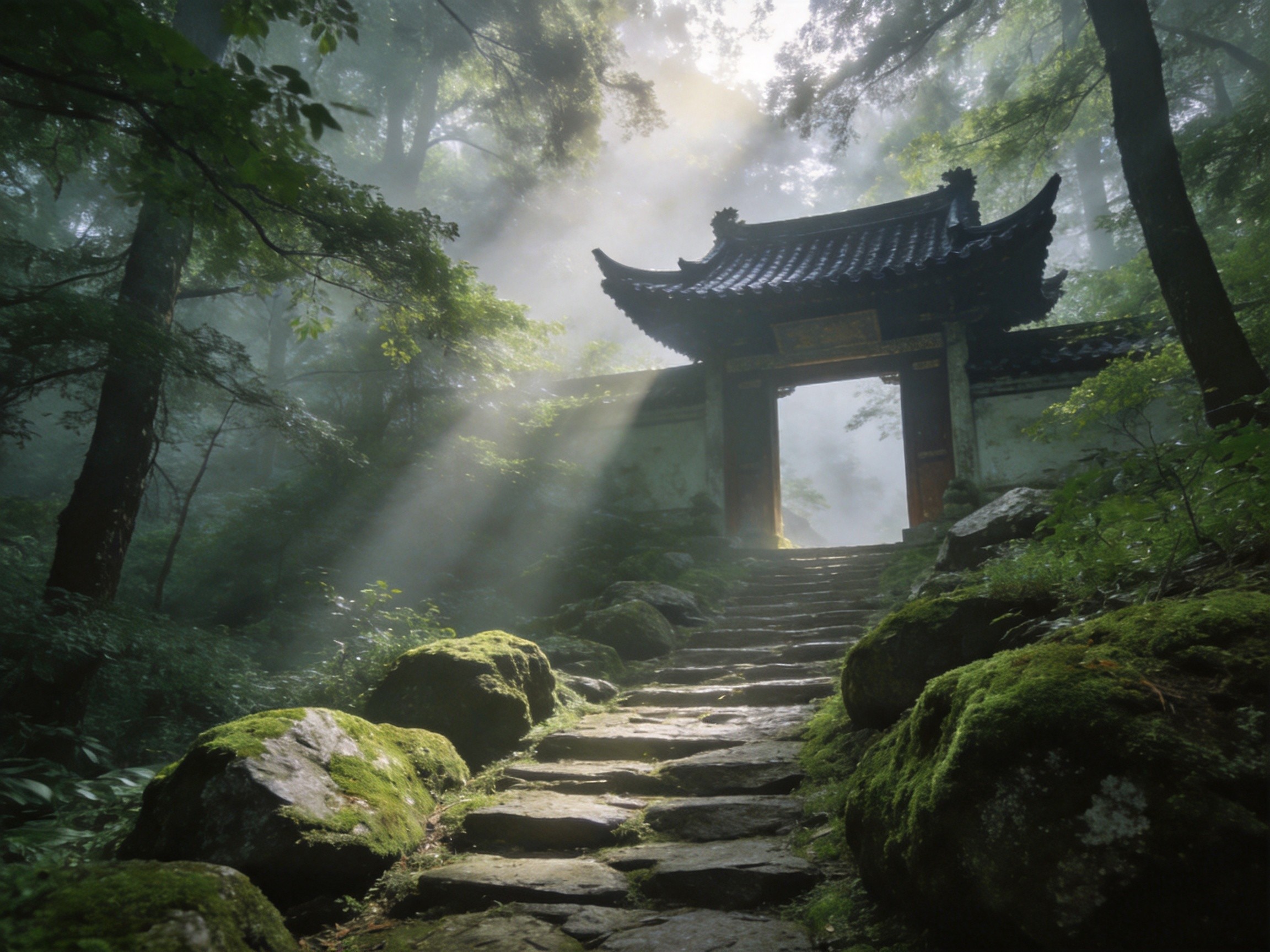 Misty stone steps up Taoist Mount Qingcheng near Chengdu
