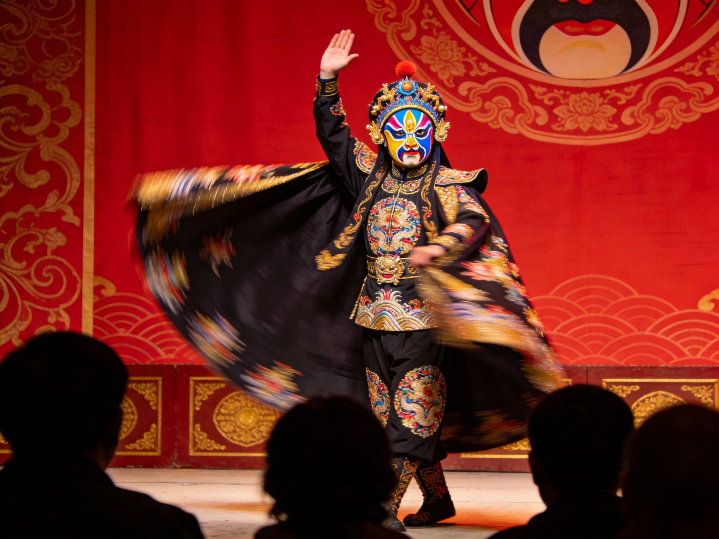 A Sichuan Opera performer mid face-changing (bian lian) on stage