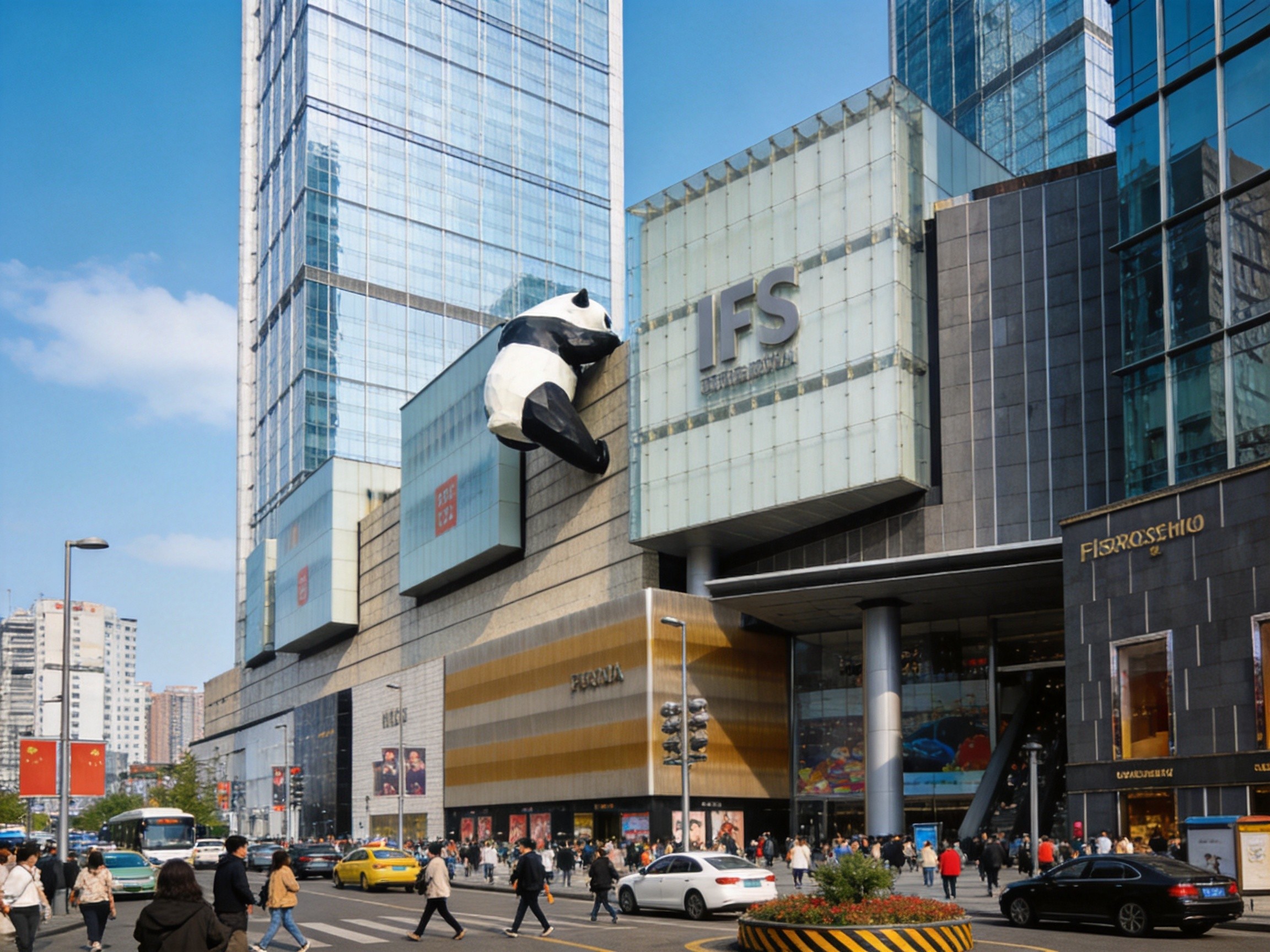 The giant panda sculpture climbing the IFS building at Taikoo Li, Chengdu